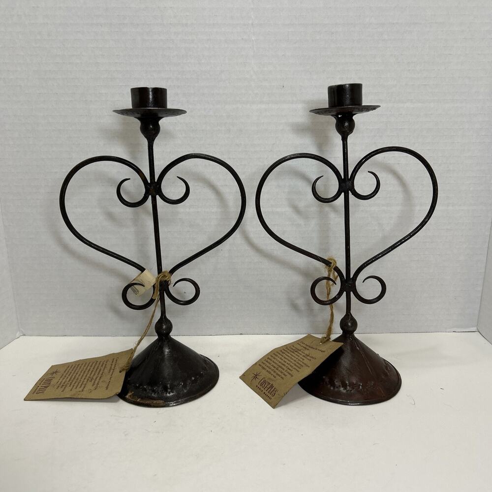 Vtg Pair Of Wrought Metal Taper Candle Holders -Heart Shaped, Boho, Cottagecore